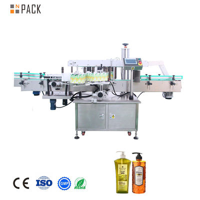 Máquina automática de rotulagem de garrafas quadradas de shampoo de dois lados com controle PLC